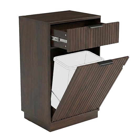 13 Gallon Tilt Out Trash Can Cabinet with Storage, Wooden Farmhouse Trash Can Kitchen Hideaway, Sturdy Freestanding Single Trash Cabinet, Pet-Proof Hidden Garbage Can Cabinet for Kitchen, (Walnut)