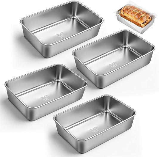 4 Packs 8.8×5.9 Inch Loaf Pans for Baking Bread, 304 Stainless Steel Loaf Bread Pan with Parchment Paper Liners, Metal Bakeware for Bread, Meatloaf, Cake Brownies, Easy Release, Oven & Dishwasher Safe