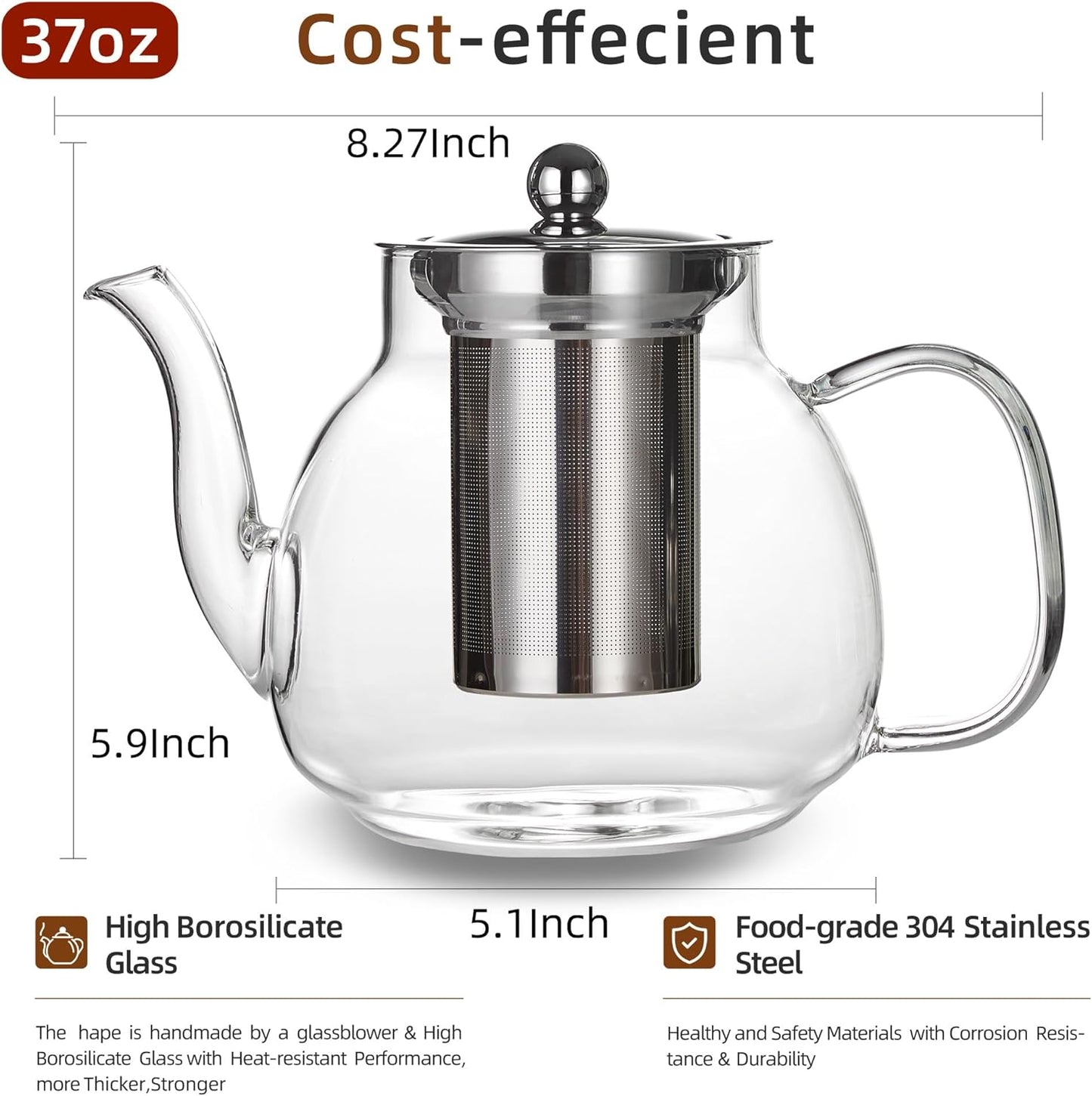 Glass Teapot with Removable Infuser - 37oz/1100ml Borosilicate Glass, Stovetop & Microwave Safe for Blooming & Loose Leaf Tea, Handmade Tea Maker Gift