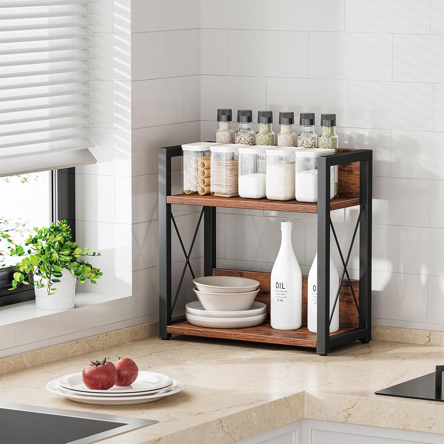 Giikin Counter Shelf Organizer, 2 Tier Kitchen Spice Rack for Countertop, Wood Coffee Counter Organizer for Home (Rustic Brown, L)