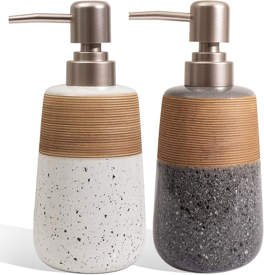 2 Pcs Ceramic Soap Dispenser Set, 15 Oz Refillable Liquid Soap Dispensers with Embossed Texture for Bathroom Countertop and Kitchen Sink, Hand Soap, Dish Soap & Lotion Bottles, Modern Home Decor