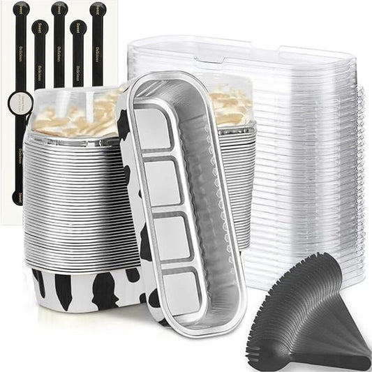 Findful Mini Loaf Baking Pans with Lids and Spoons (50 Pack, 6.8oz) Rectangle Aluminum Foil Baking Pans Tins Containers - Cupcake Containers Wrappers Cheesecake Creme Brulee Ramekins