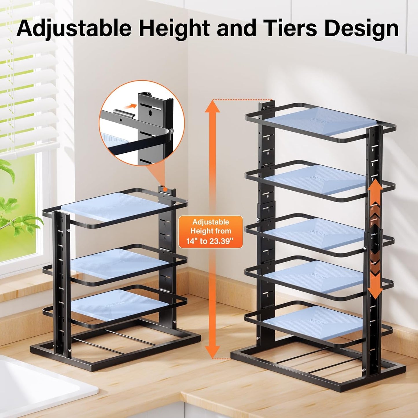 LAMU Pots and Pans Organizer for under Cabinet, 6-Tier Heavy Duty Pan Pot Organizers inside Cabinet Adjustable 14 to 23.39", Pot Rack Kitchen Cabinet Organization and Storage Holds up to 12" Cookware