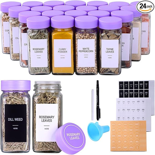 24 Glass Spice Jars with Labels, Spice Jar Set, 4oz Spice Containers, Seasoning Containers with Purple Airtight Lids and Shaker Lids, Square Empty Spice Bottles, 492 Labels, 1 Funnel