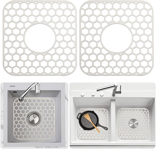 Bestjing 2 Pack Silicone Sink Protectors for Kitchen Sink - 12" x 11" Kitchen Grid Accessory, Non-Slip Heat-Resistant Mat for Bottom of Porcelain Stainless Steel, Dishwasher Safe (White)