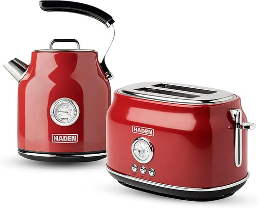 Haden Dorset Wide Slot Stainless Steel 2 Slice Retro Toaster and Dorset 1.7 Liter Stainless Steel Electric Water Kettle, Red