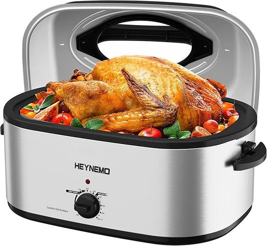 22 Quart Electric Roaster Oven with Visible & Self-Basting Lid, Large Turkey Roaster with Defrost Warm Function, Adjustable Temperature, Removable Pan Rack, Stainless Steel