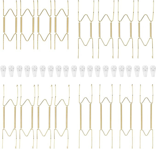 16-Pack Invisible Wall Plate Hangers, 6/8/10/12 Inch Brass Plate Holders with 20-Pack Wall Hooks