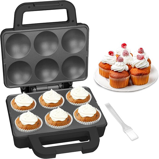 SugarWhisk 6-Count Cupcake Maker Machine, Bakes 6 X 2.5 Inch Cupcakes, Muffins, Pizza Cups, Cinnamon Buns, Cool-touch Handle, Non-stick Coating, Recipe Included, Graphite