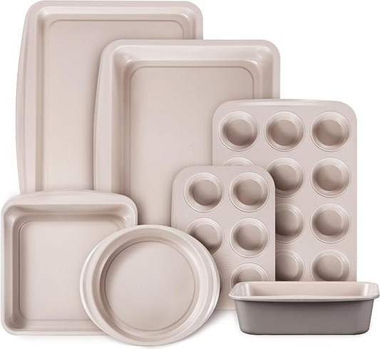 CAROTE 7-Piece Nonstick Stackable Baking Pans Set - Bakeware Sets Including Cookie Sheets for Baking, Muffin Pan, Bread Pan, Cake pan, Loaf Pan, Roasting Pan, Gray & Khaki