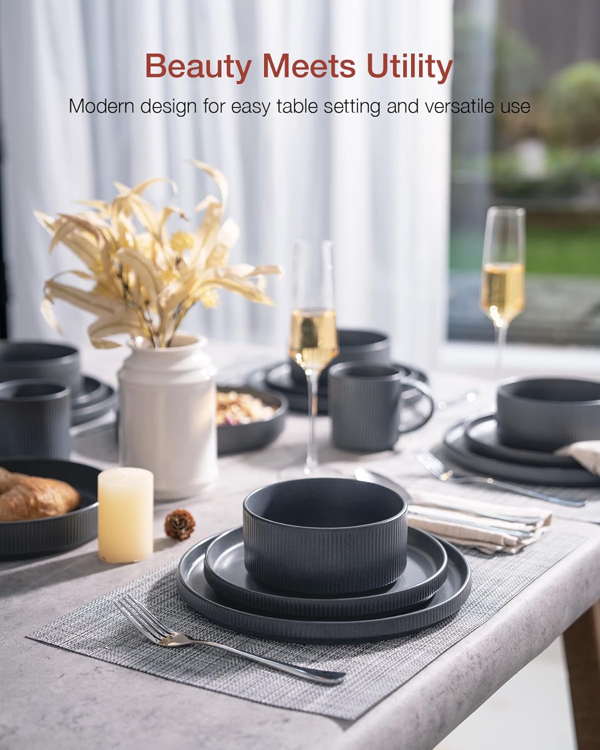 Famiware Star Dinnerware Set with Pasta Bowls, Service for 4 (16pcs), Ribbed Stoneware Plates and Bowls Dishes Sets - Chip & Scratch Resistant, Microwave & Dishwasher Safe, Matte Dark Charcoal
