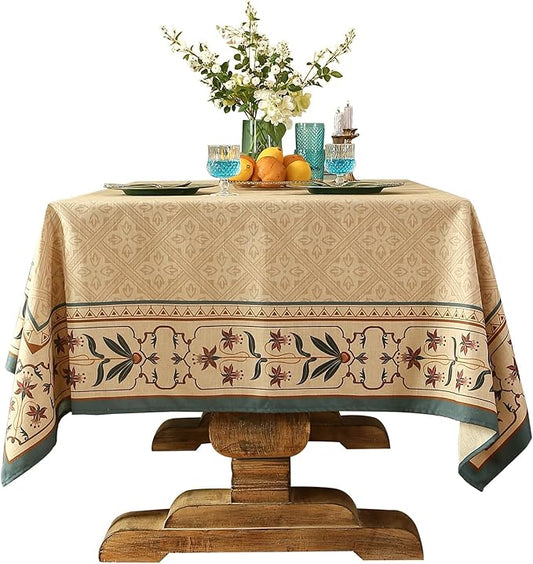 patdrea Designer French Linen Long Tablecloth for Rectangle Table,Beige Anti-Wrinkle Floral Farmhouse Table Cloth,Decor Covers for Kitchen Dining,Tea Party,Christmas,Thanksgiving,63"x94"-Fram