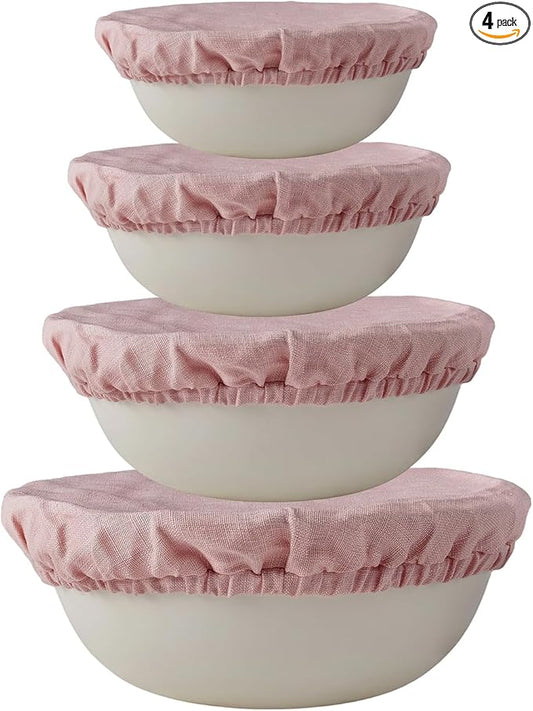 100% Pure Linen Bowl Covers For Bread Proofing, 4 Pcs Elastic Reusable Solid Color Cloth Fabric Bowl Covers,XL Organic Washable Large Stretch Sourdough Lids 6 * 8 * 10 * 12 Inches, Pink