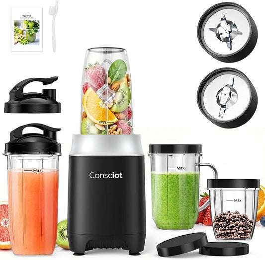 Consciot CB10 16Pcs Personal and Countertop Blender Combo, Coffee and Spice Grinder, Make Shakes and Smoothies, Frozen Drinks, Baby Food, Spreads & More, 4 Portable BPA Free To-Go Cups, 900 Peak Watt