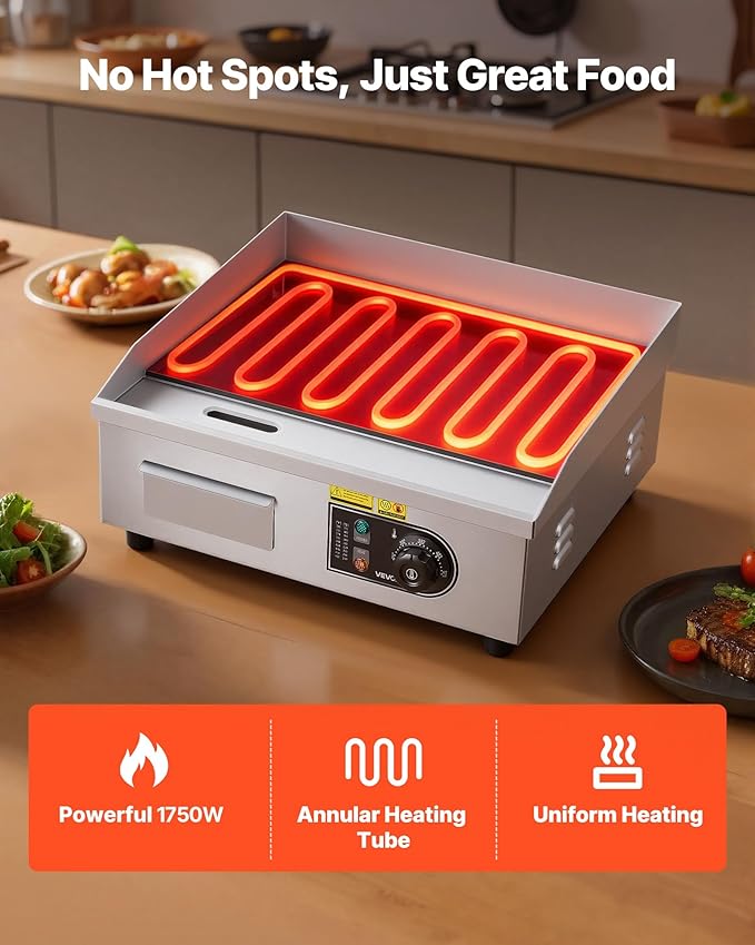 VEVOR Commercial Electric Griddle, 17.72 x 11.81 inch, 1750W, 122-570°F Adjustable Temp Control, Stainless Steel Countertop Flat Top Grill with 2 Spatulas, 2 Brushes, and 4 Foot Pads, for Steak