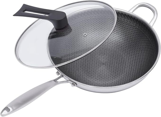 12in Woks & Stir Fry Pans Wok Pan with Lid, No Chemical Coated Chinese Woks for Electric, Induction,Gas Stoves