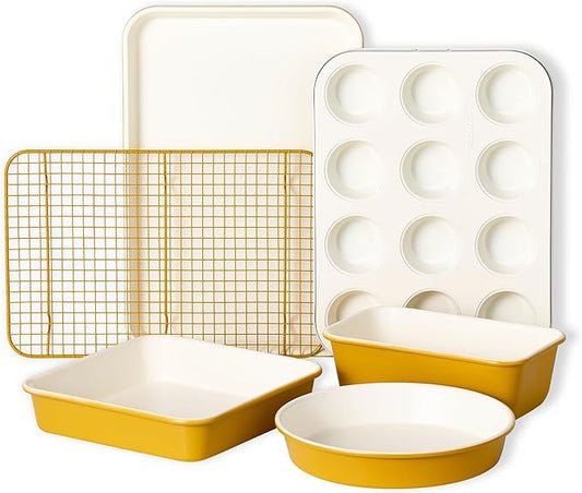 CAROTE 6-Piece Ceramic Baking Pans Set, Aluminized Steel Bakeware Sets, Toxin-Free Nonstick Stackable Oven Pans with Cookie Sheet, Muffin Pan, Loaf Pan, Round & Square Cake Pan, Cooling Rack