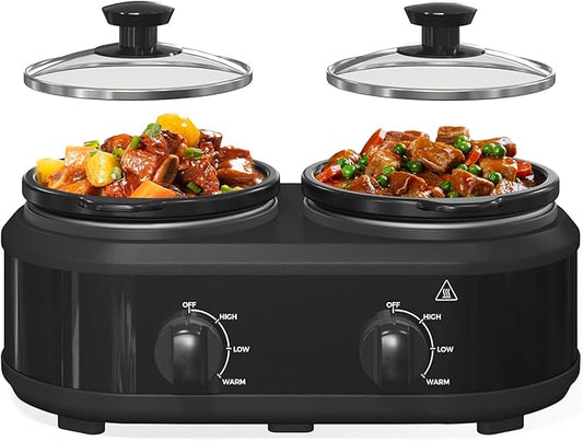 Double Slow Cooker, 2 x 1.25 QT Portable Small Dual Crock Cooker, Buffet Servers and Warmers Dishwasher Safe, Removable Ceramic Pot Glass Lid, Stainless Steel Black