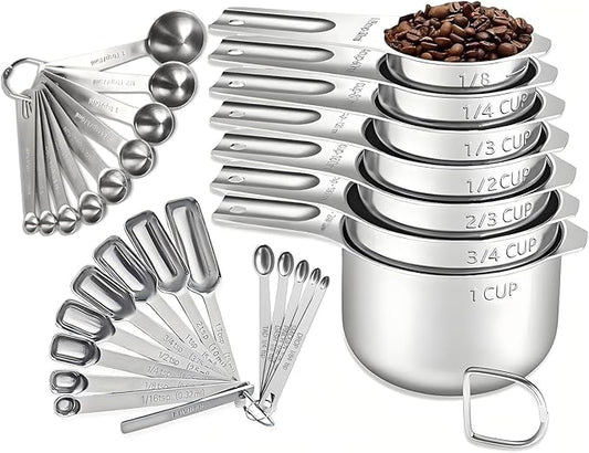 30PCS Measuring Cups and Spoons Set, 7 Nesting Measuring Cups, 18 Measuring Spoons and 5 Mini Spoons, Stainless Steel Kitchen Measuring Set for Dry and Liquid Ingredients, Perfect for Cooking & Baking