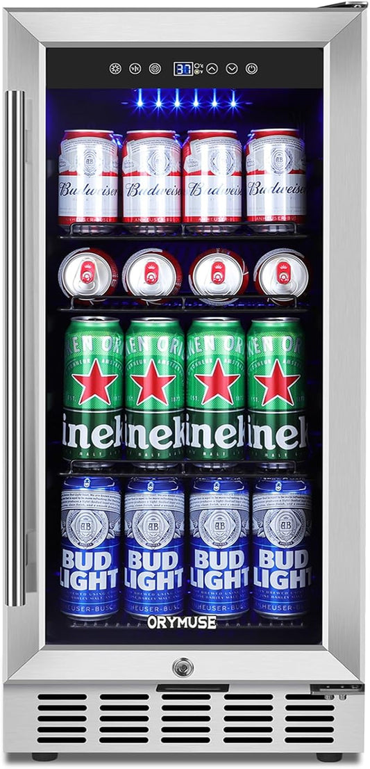 ORYMUSE 15 Inch Beverage Refrigerator, 130 Can Capacity Under Counter Fridge with Lock & Glass Door, Quiet Built-in or Freestanding Beer Cooler, Powerful Compressor for Fast Cooling