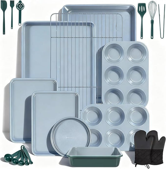 Ammeloo 22-Piece Baking Pans Set Stackable Bakeware Non Stick Baking Set Non Toxic Oven Pans, Including Roasting Pan, Cookie Sheets, Muffin Pans, Cake Pans, Oven Mitt and Utensils(Gray & Hunter Green)