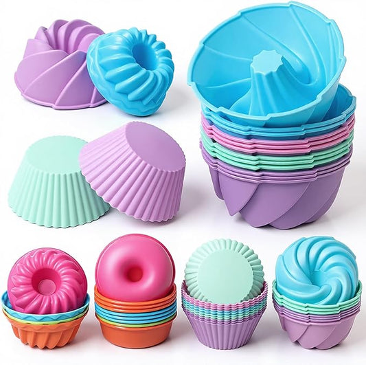 52 Pcs Single Silicone Donut Molds, 4 Styles Silicone Molds for Baking Small Reusable Non-Stick Baking Cups for Donuts, Muffins, Cupcakes, Jellies, Bagels (Multicolor)