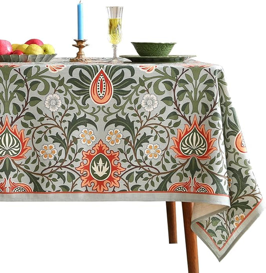 ISAENNE Designer Bohemian Linen Green Extra Long Rectangle Tablecloth,Floral Indoor Table Cloth,Stain Resistant Decor Tablecloths for Dining Thanksgiving Kitchen Party Christmas,67"*118"-Naples