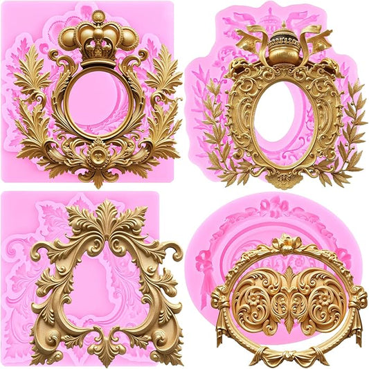 Mujiang Baroque Photo Frame Fondant Molds Picture Frame Silicone Mold Vintage Mirror Frame Molds for Cake Decoration Cupcake Topper Chocolate Candy Polymer Clay Gum Paste Set of 4