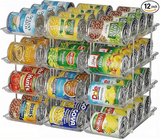 Can Organizer for Pantry, 4 Tier Canned Food Goods Storage Organizer, Clear Soda Can Organizer for Refrigerator Stackable Can Dispenser Rack Holders for Pantry Cabinet Fridge Countertop, Holds 48 Cans