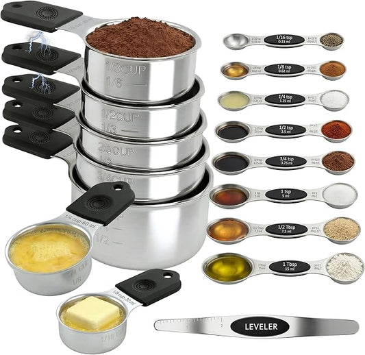 16-Pcs Measuring Cups & Magnetic Spoons Set with Leveler, Food-Grade Stainless Steel, Stackable Design, Silicone Handles, Precise Metal Measuring Cups and Spoons Set for Cooking & Baking (Black)