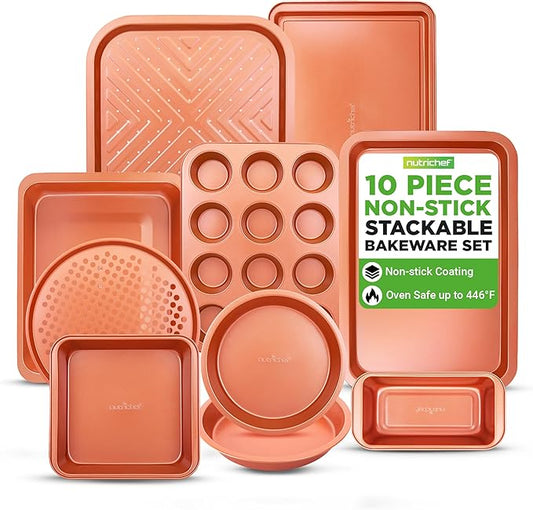 NutriChef 10-Piece Oven Baking Pans Set - Deluxe Carbon Steel Bakeware Set with Non-stick Gray Coating Inside and Out, Dishwasher Safe & PFOA, PFOS, PTFE Free