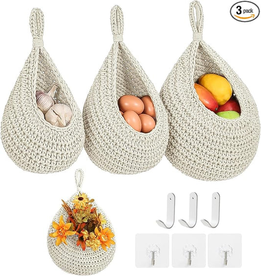 Boho Wall Hanging Fruit Baskets for Kitchen 3 Pack Woven Produce Holder with 6 Pcs Strong Hooks Vegetable Hanging Basket for Organizing Teardrop Home Wall Potato Onion Storage, White
