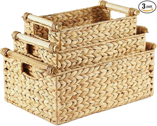 Greenatural Water Hyacinth Storage Baskets Set of 3, Handwoven Rectangular Organizer with Wooden Handles, 3 Different Sizes, Nested Wicker Bins for Shelf, Bathroom, Kitchen, Office, Natural Home Decor