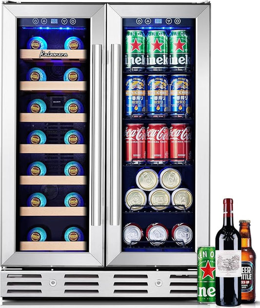 Kalamera Wine and Beverage Refrigerator, 24 inch Wine Fridge Dual Zone Hold 21 Bottles and 77 Cans,Built in or Under Counter Wine Fridge with Blue LED Light