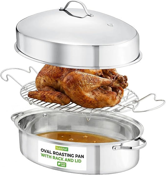 NutriChef 20" Oval Roasting Pan with Rack and Lid - Premium Stainless Steel Roaster Dish w/ Wide Handles & Removable Rack, Multi-Use Cookware for Turkey, Chicken, Stews, & More - Dishwasher Safe