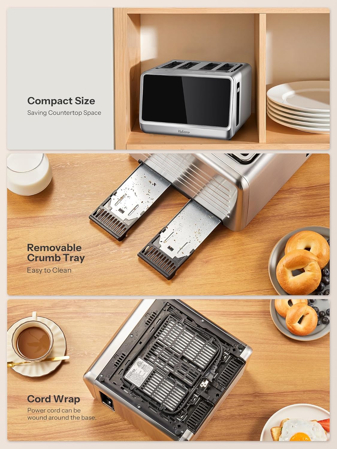 Yabano 4-Slice Toaster with Smart Touch Control, 6 Shade Levels & 6 Bread Settings, Extra Wide Slot for Bagels/English Muffins, Compact Design with Removable Crumb Tray