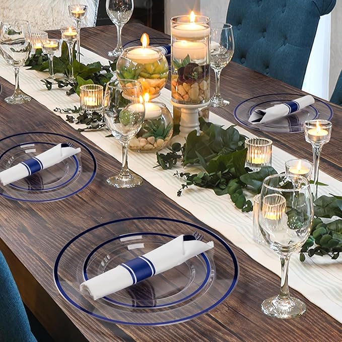 Goodluck 350 Piece Dark Blue Plastic Dinnerware Set for Party, Clear Disposable Plates for 50 Guests, Include: 50 Dinner Plates, 50 Dessert Plates, 50 Pre Rolled Napkins with Cutlery Set, 50 Cups