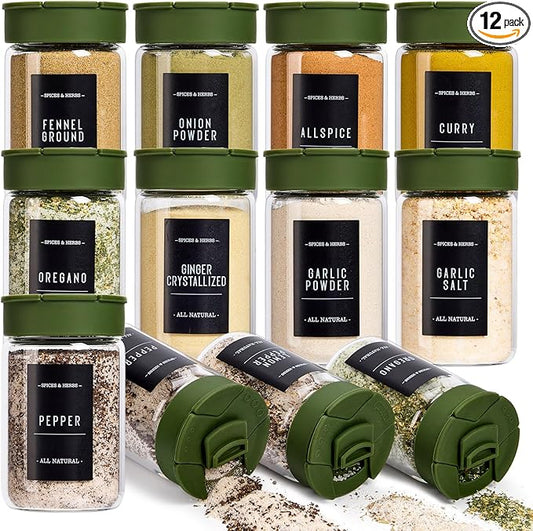 12 pcs Glass Spice Jars With Labels,6oz Glass seasoning Containers with Silicone Lids,Small Spice Storage Bottles for Kitchen Organizer,Seasoning Jars for Spice Rack,Cabinet,or Drawer