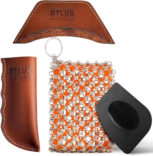 Cast Iron Care Bundle: 316 Stainless Steel 𝐓𝐫𝐢𝐩𝐥𝐞 𝐑𝐢𝐧𝐠 𝐂𝐡𝐚𝐢𝐧𝐦𝐚𝐢𝐥 Scrubber (Orange) & Extra Thick Leather Handle Cover Set of 2 (𝐌𝐚𝐝𝐞 𝐢𝐧 𝐆𝐞𝐨𝐫𝐠𝐢𝐚) – Perfect for Pan