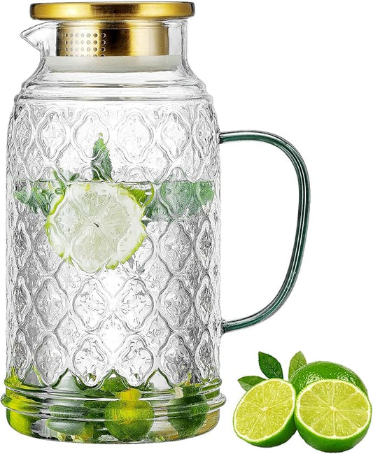 Buaic Glass Pitcher with Lid,84 oz/2.5 Liter Vintage Water Pitcher, Clear Borosilicate Glass Water Carafe for Cold Brew, Coffee, Lemonade, Iced Tea, Juice, Beverage, Heat Resistant Water Glass Jug