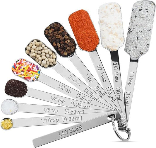 18/8 Stainless Steel Measuring Spoons Set 10, Metric & US Long Handle Measure Spoon for Kitchen & Baking, Metal Measuring Spoons Set with 1/16Tsp & 2/3Tbsp for Spice Jar