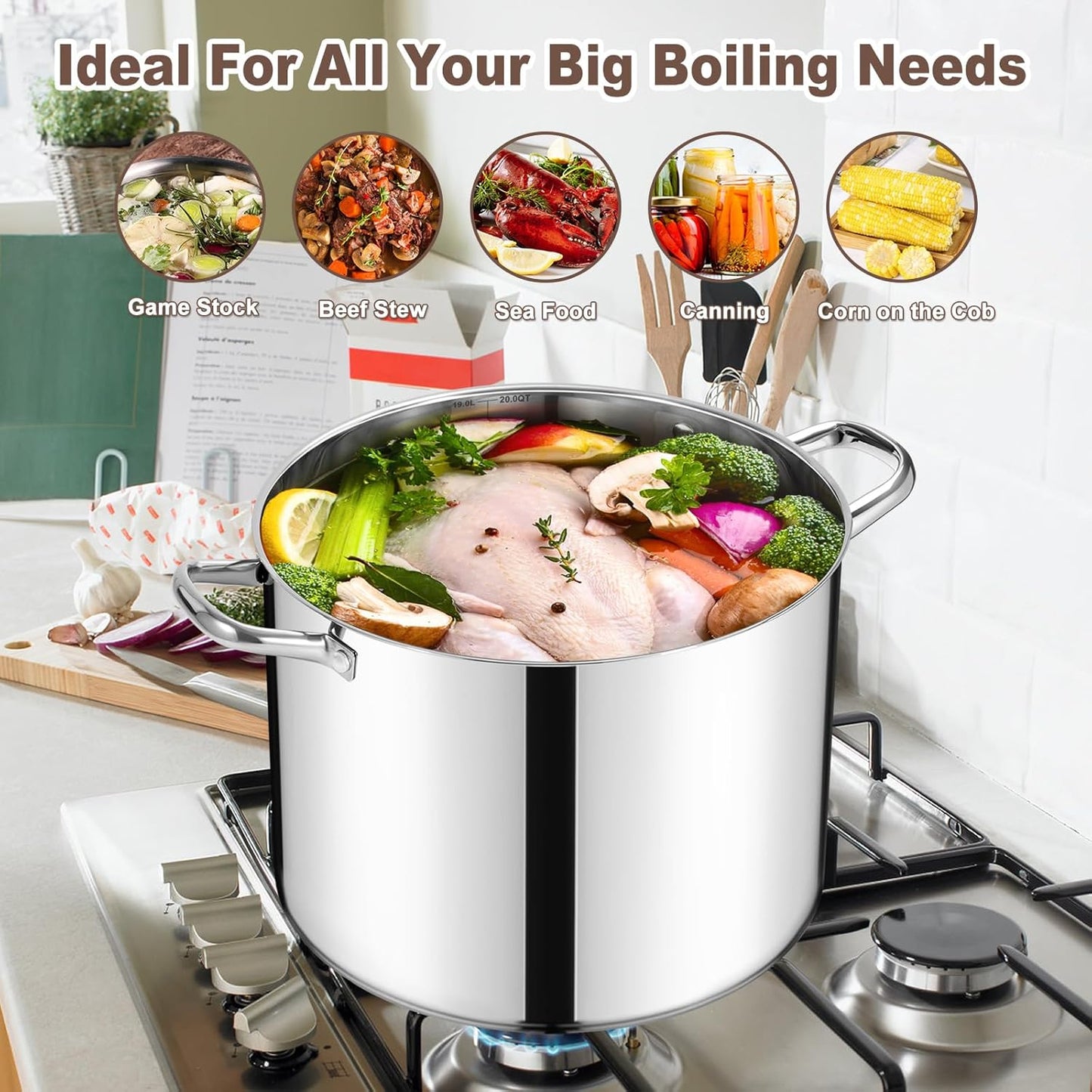 20 Qt Large Stock Pot, E-far Stainless Steel Stockpot with Lid for Boiling Cooking Soup Stew Canning, Heavy Duty Tri-Ply Bottom Works w/Induction, Commercial Grade & Dishwasher Safe