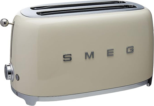 SMEG TSF02 4-Slice Toaster, 50s Retro Style, 2 Extra-Wide Long Slots, Bagel Defrost Reheat Functions, Stainless Steel - Cream