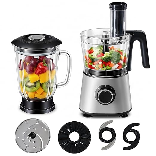 Simple Deluxe Food Processor Blender Combo, 300W Electric Food Processor for Slicing, Dough, Vegetables, 6 Cup Chopper for Meat and Puree, 2 Speeds Adjustable, Safety Lock with 1.5L Glass Jar, Black