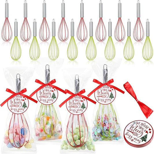 16 Sets 10 Inch Christmas Whisks Gifts DIY Fillable Christmas Tree Ornaments Xmas Colored Silicone Whisks for Cooking Heat Resistant Egg Beaters with Card Rope Bag for Candy Holder