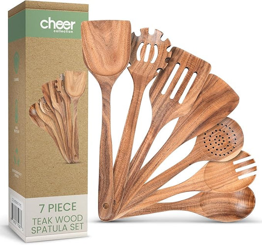 Cheer Collection Wooden Utensil Set - 7 Piece Cooking Utensils, Teak Wooden Spoons & Spatulas for Cooking, Heat Resistant, Non-Stick, and Safe Wooden Cooking Utensils