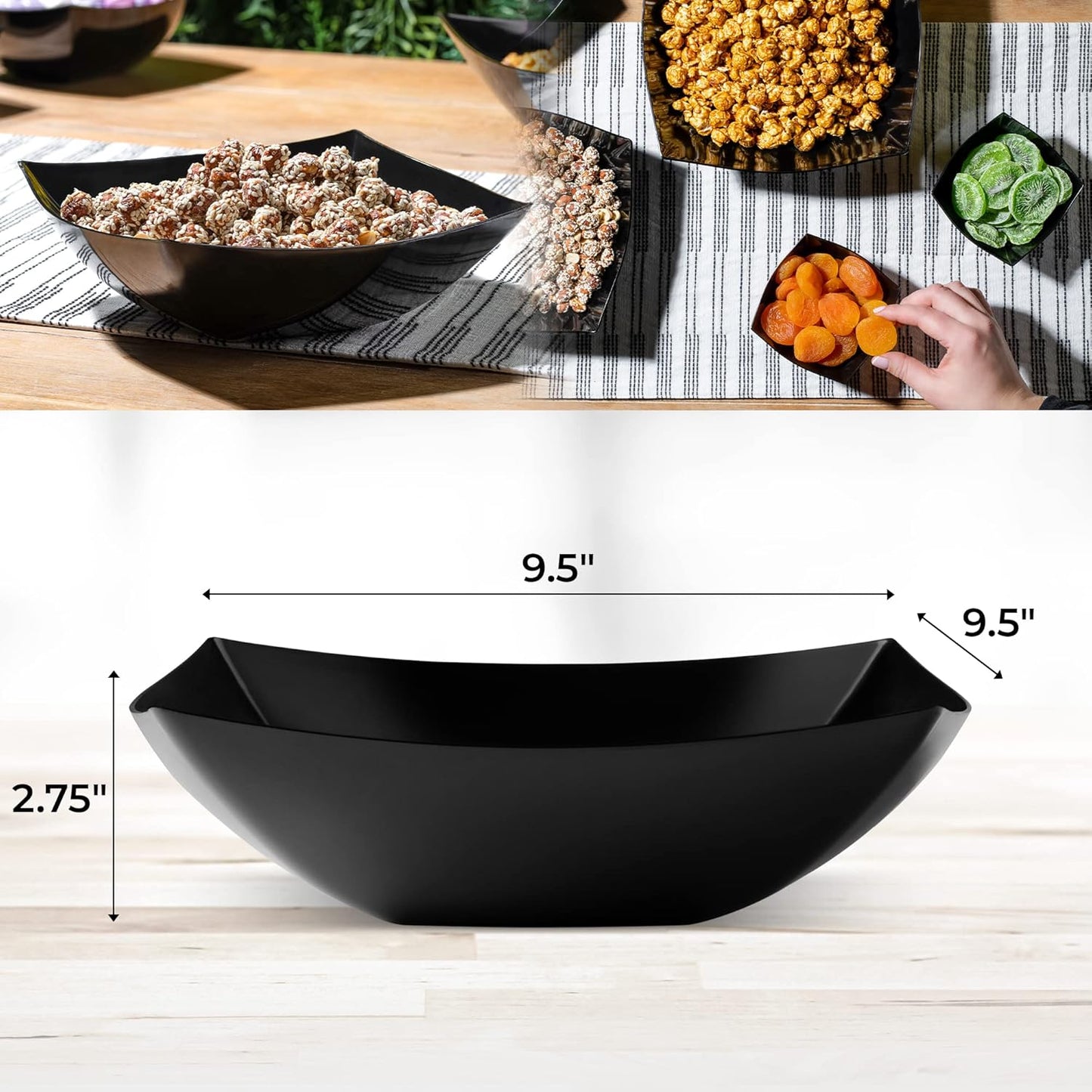 Posh Setting - Black Plastic Serving Bowls for Party (64oz - 4 Pack) Square, Disposable & Fruit Bowls for Party Table, Candy Containers for Candy Buffet