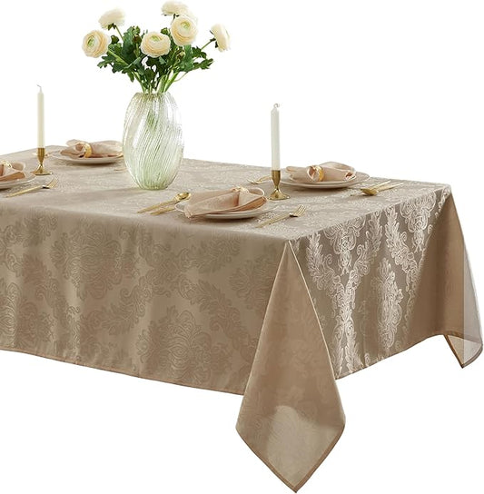 Newbridge Barcelona Luxury Damask Fabric Tablecloth, 60” Wide x 144” Rectangle, Golden Beige, 100% Polyester, No Iron, Soil Resistant Dining Room, Party and Banquet Table Cover
