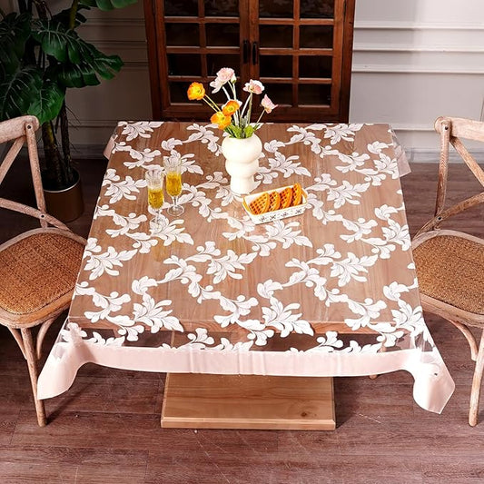 Vinyl Table Cloth Square Clear Table Cover Protector with Block Printed Pattern Oil Spill Proof Farmhouse Rustic Plastic Table Covers for Dining Tables (Scroll Grass, 55 x 55 Inches)