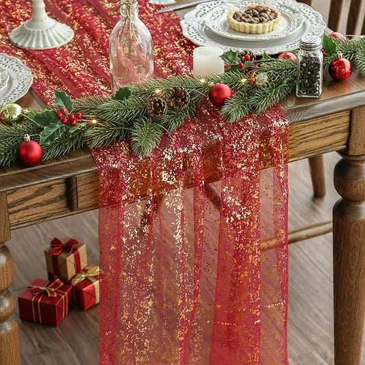 Artoid Mode Red Gold Gauze Table Runner 120 Inch 10FT, Glitter Metallic Foil Sheer Dining Wedding Anniversary Holiday Table Decor for Home Party